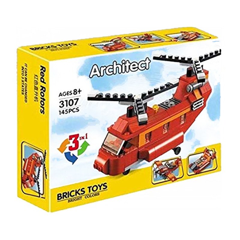 Architect Brick Toys Red Rotors 3-in-1 Helicopter Building Block Set – 145 Pieces