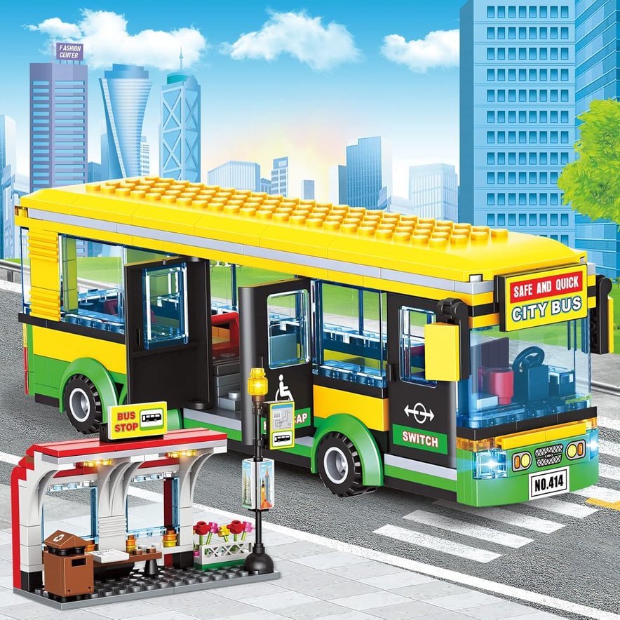 City Car Yellow Passenger School Bus Building Blocks | Single-Deck Set